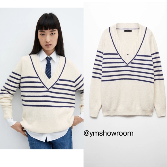 Mango Sweaters - MANGO Oversized Striped v-neck